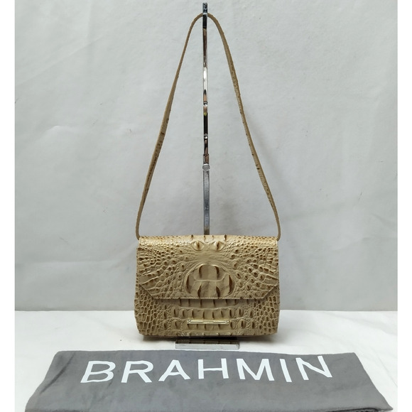 Brahmin Melbourne Beige Leather Crocodile Embossed Clutch Shoulder Bag - Picture 1 of 16